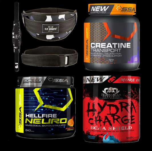 Starter 4er Paket: Gürtel - Creatine + Hellfire Neuro+ BCAA Amino