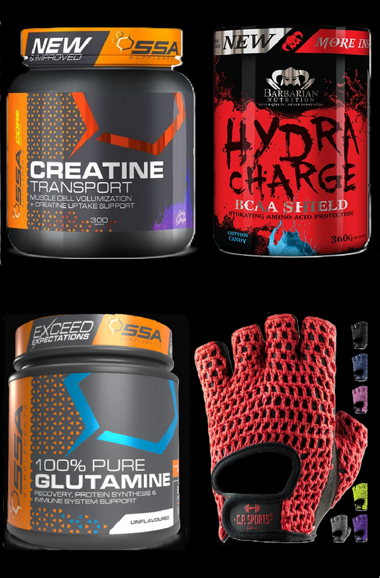 Starter 4er Paket: Creatine + BCAA Amino + L-Glutamine + Handschuhe