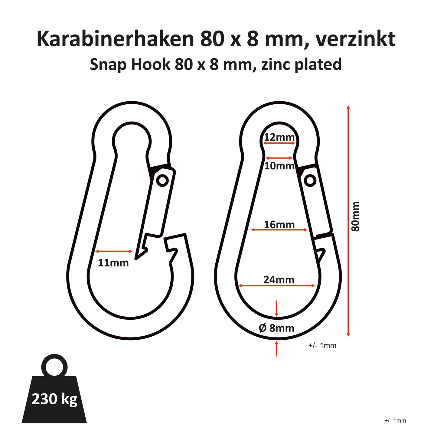 80 mm x 8 mm Karabinerhaken - Gewichtsbelastung bis zu 250 kg! C.P. Sports - G39